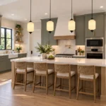 Vintage pendant lighting with four white glass pendant lights above a large kitchen island