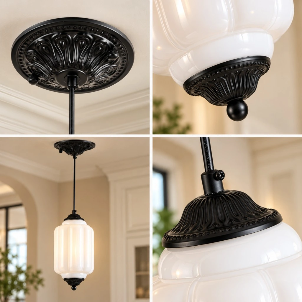 Vintage pendant lighting with white ribbed glass shade and decorative black metal details