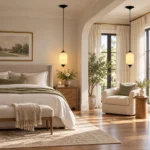 Vintage white glass pendant lights used as bedside and sitting area lighting