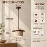 Wabi sabi pendant light dimensions showing a 7.9-inch overall diameter, adjustable hanging cord and E26 bulb specifications.