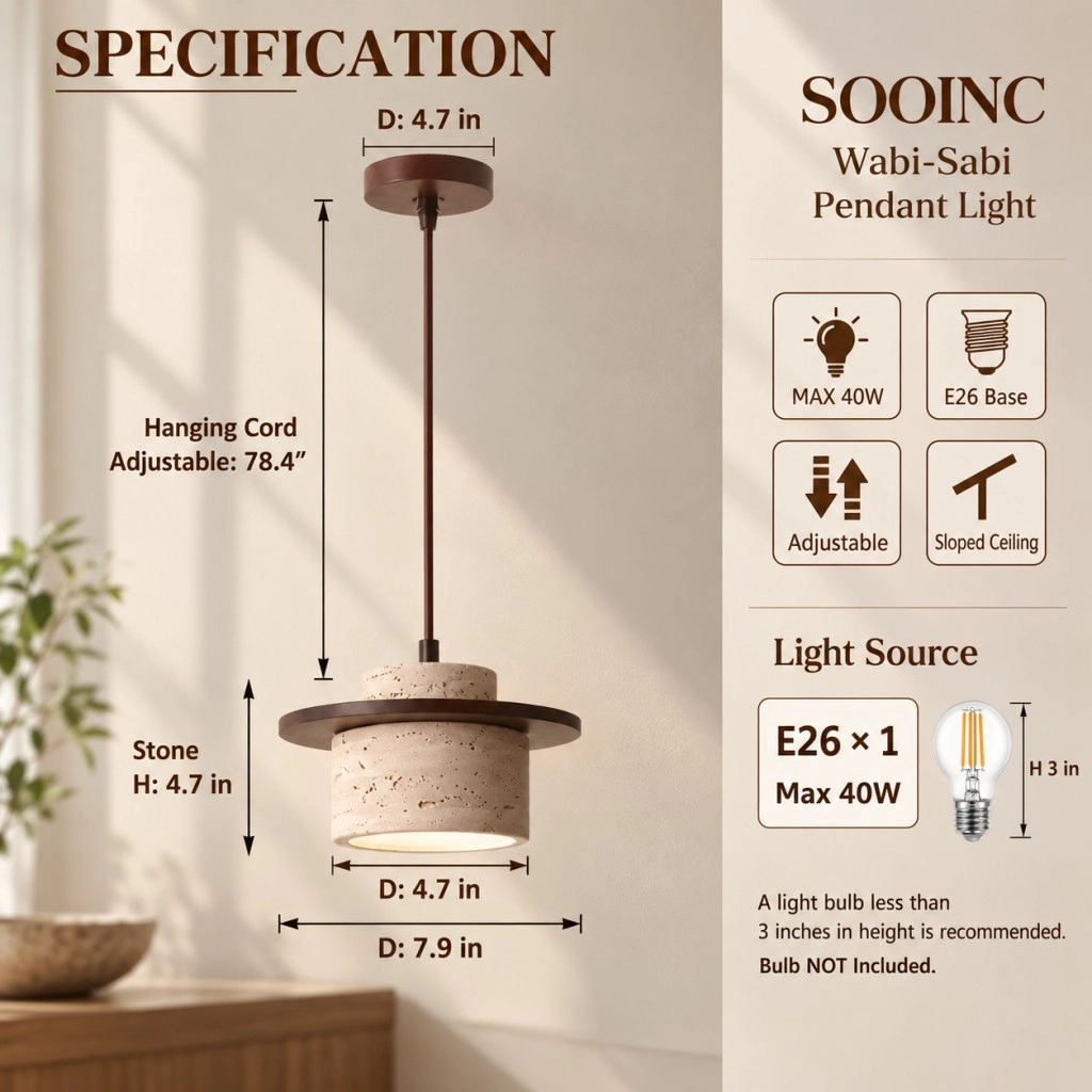 Wabi sabi pendant light dimensions showing a 7.9-inch overall diameter, adjustable hanging cord and E26 bulb specifications.