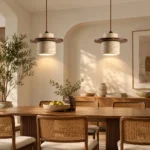 Pair of wabi sabi pendant lights suspended above a wooden dining table with woven chairs in a minimalist dining room.