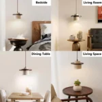 Wabi sabi pendant light shown in four settings including a bedside area, living room, dining table and sitting space.