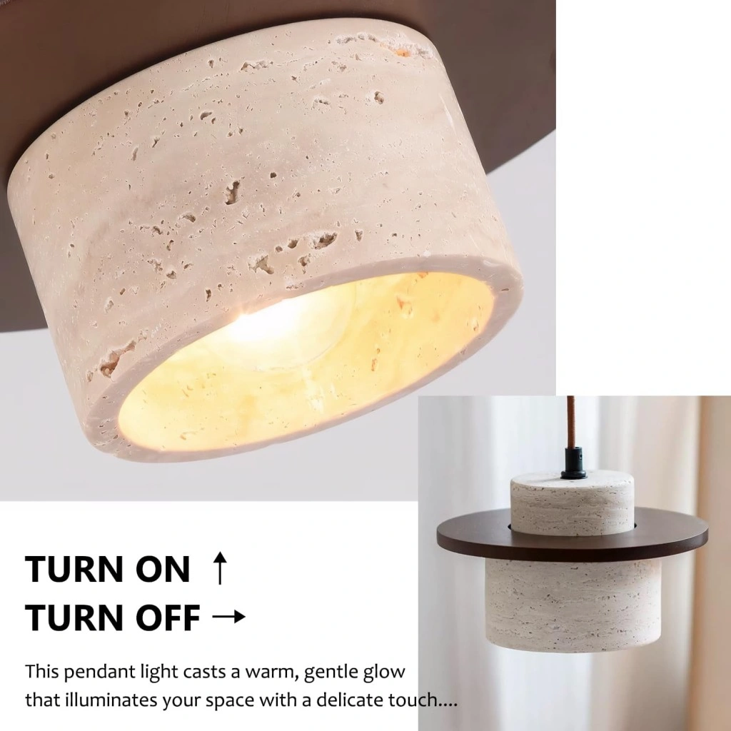 Natural stone pendant light showing its porous cylindrical shade, warm illuminated interior and dark wood disc.