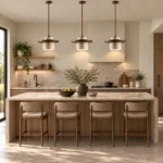 Three wabi sabi pendant lights with natural stone shades and wood accents over a large marble kitchen island.