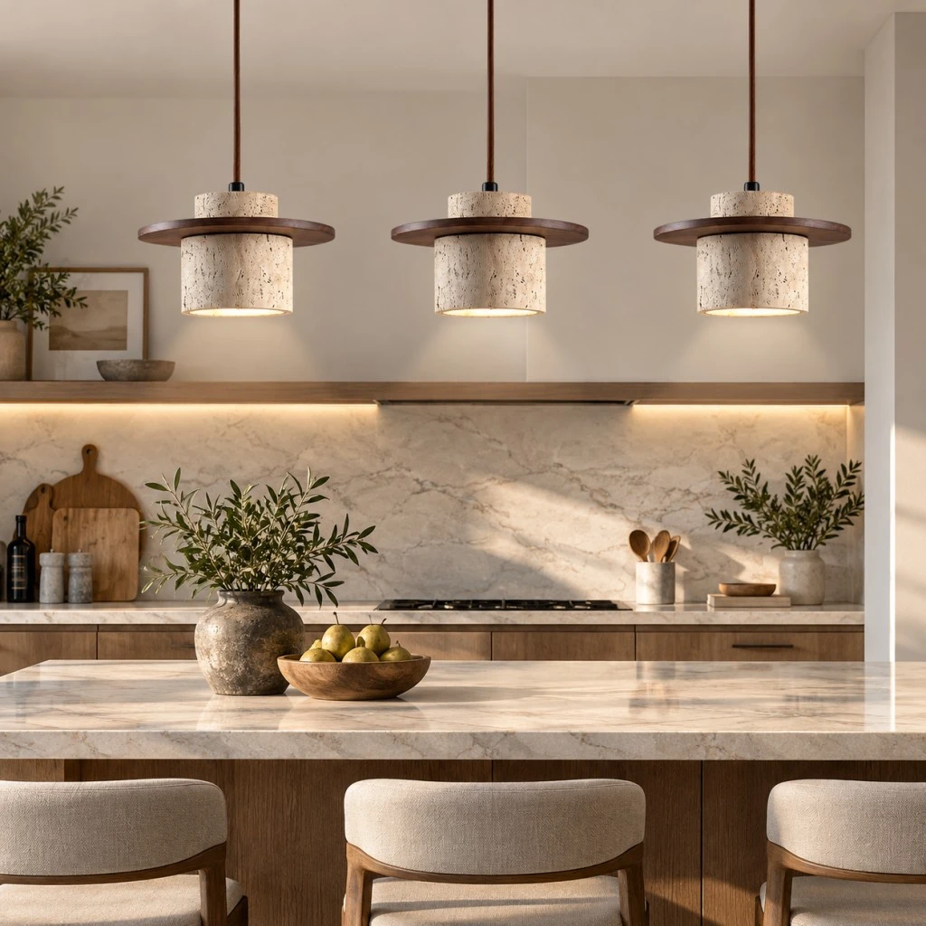 Three wabi sabi pendant lights hanging above a marble kitchen island in a warm modern kitchen.