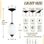 White glass pendant light dimensions and installation specifications for flat, vaulted and sloped ceilings