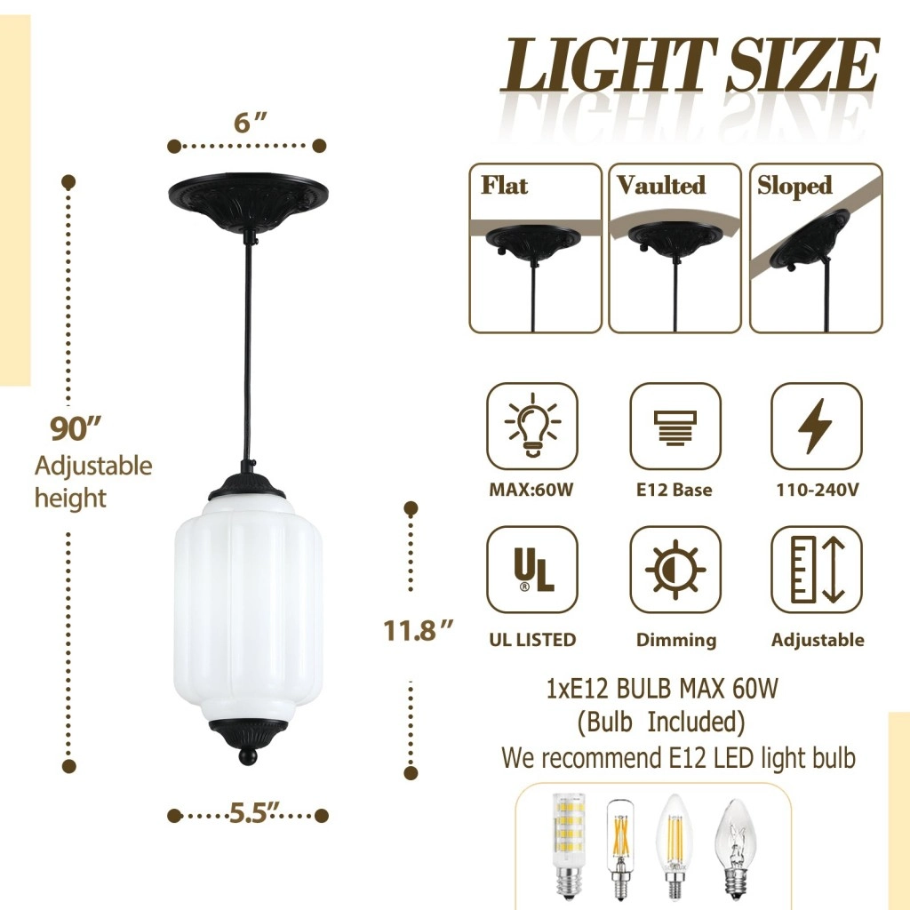 White glass pendant light dimensions and installation specifications for flat, vaulted and sloped ceilings