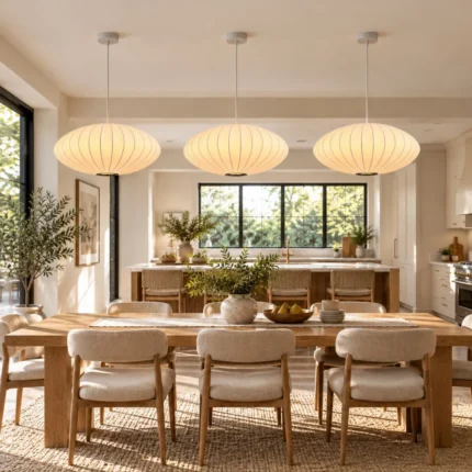 Three white lantern pendant lights illuminating a kitchen island in an open-plan kitchen and dining space